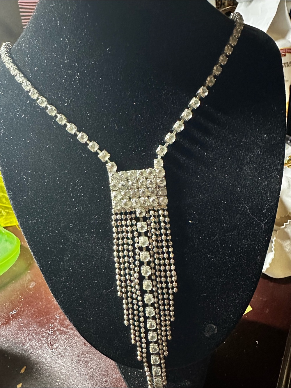Vintage rhinestone waterfall fringe Pendant Necklace - Silver Sparkle - Picture 8 of 14